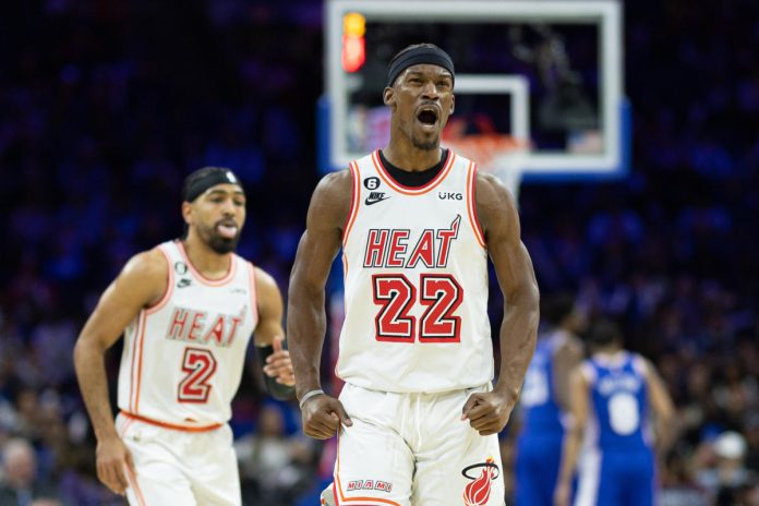 jimmy-butler-reacts-to-leading-heat-past-joel-embiid,-sixers-on-the-road